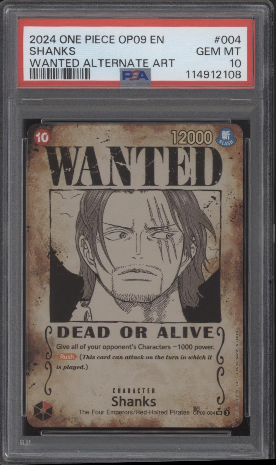 Shanks One Piece Card Game OP09 Wanted Alternate Art #004 PSA 10